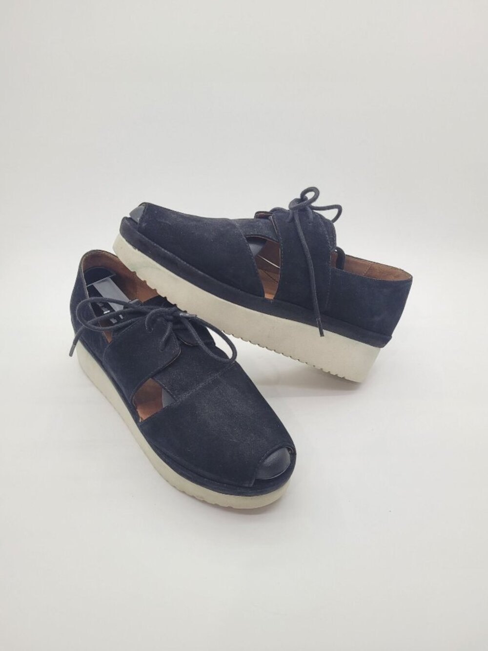 L'amour Des Pieds Alsion Black Suede Peep Toe Lace Up Wedges Platforms Size 7.5